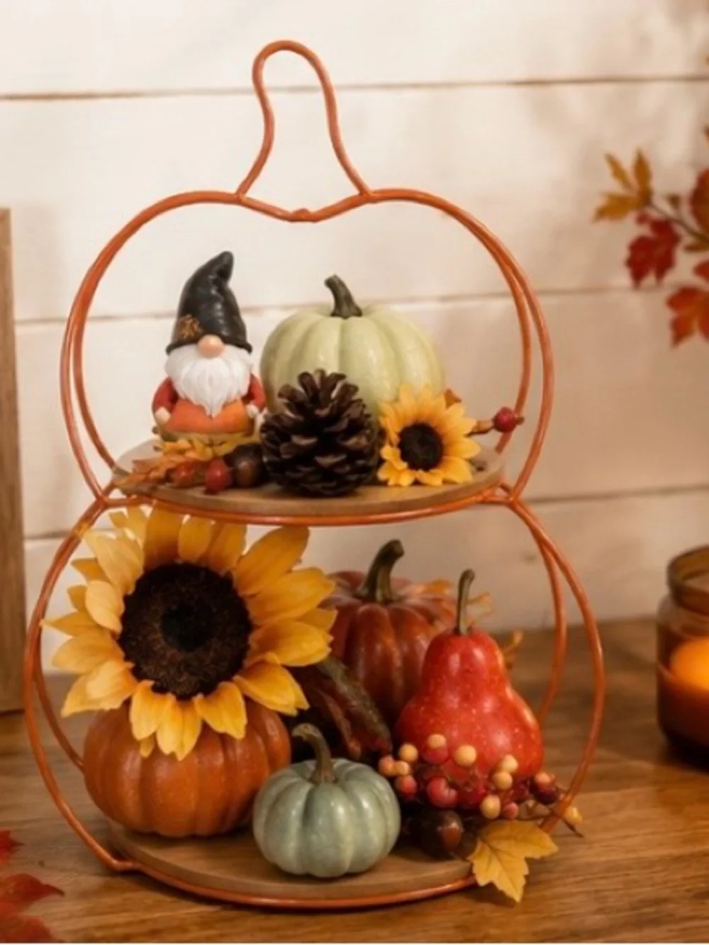 Pumpkin Two-Tier Serving Stand in Orange and Wood, Two-Tier Pumpkin Tray